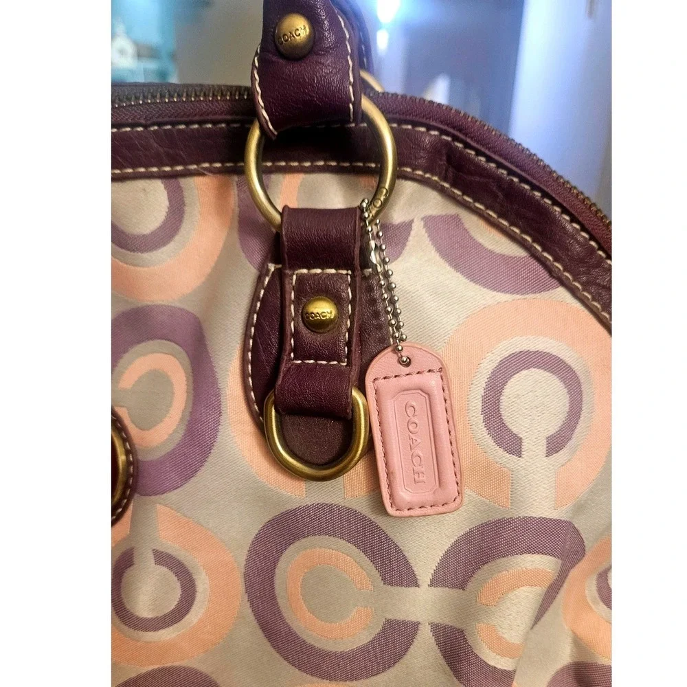 Coach Optic Signature Satchel Handbag Purple Pink Jacquard Leather Trim